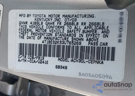 2003 Toyota Camry Le из США, поврежденный, VIN 4T1BE32K53U765269